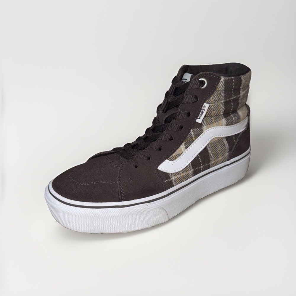 Vans Filmore High Top Platform Shoes Women's Size 7 Brown Suede Plaid Sneakers